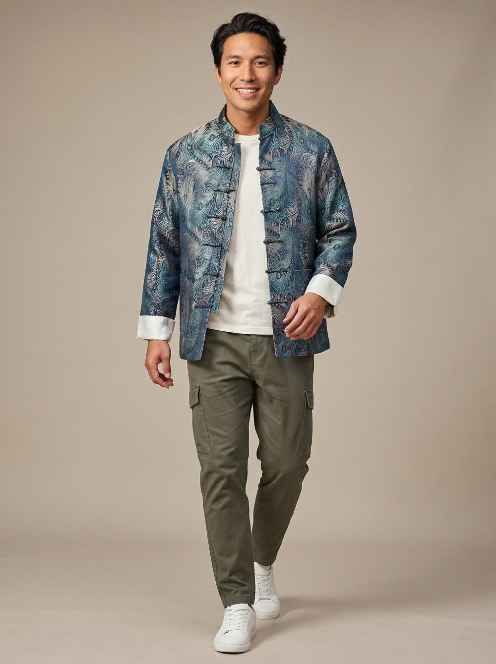 Peacock Feather Tang Jacket 孔雀翎唐装外套 – model photo