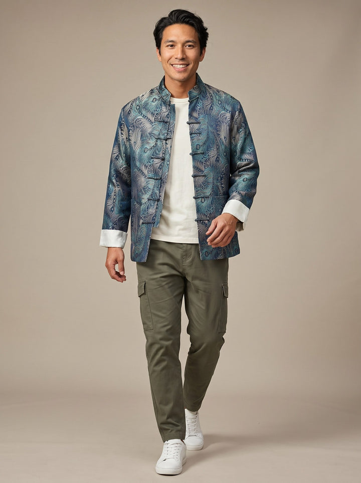 Peacock Feather Tang Jacket 孔雀翎唐装外套 – model photo