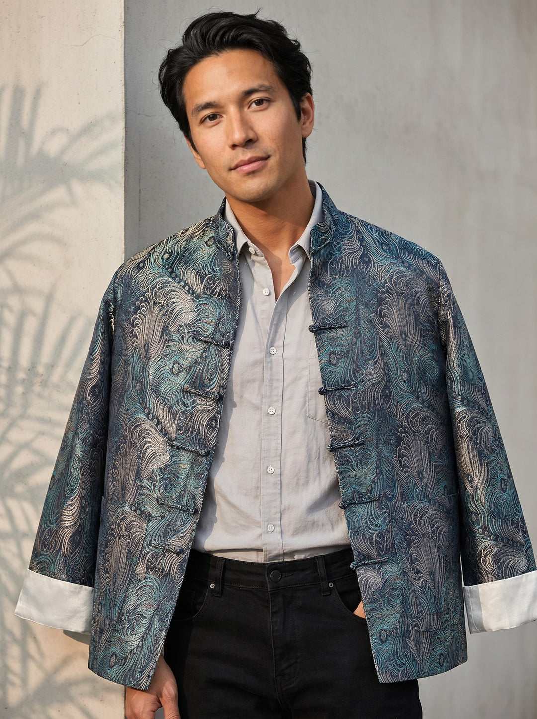 Peacock Feather Tang Jacket 孔雀翎唐装外套 – model photo