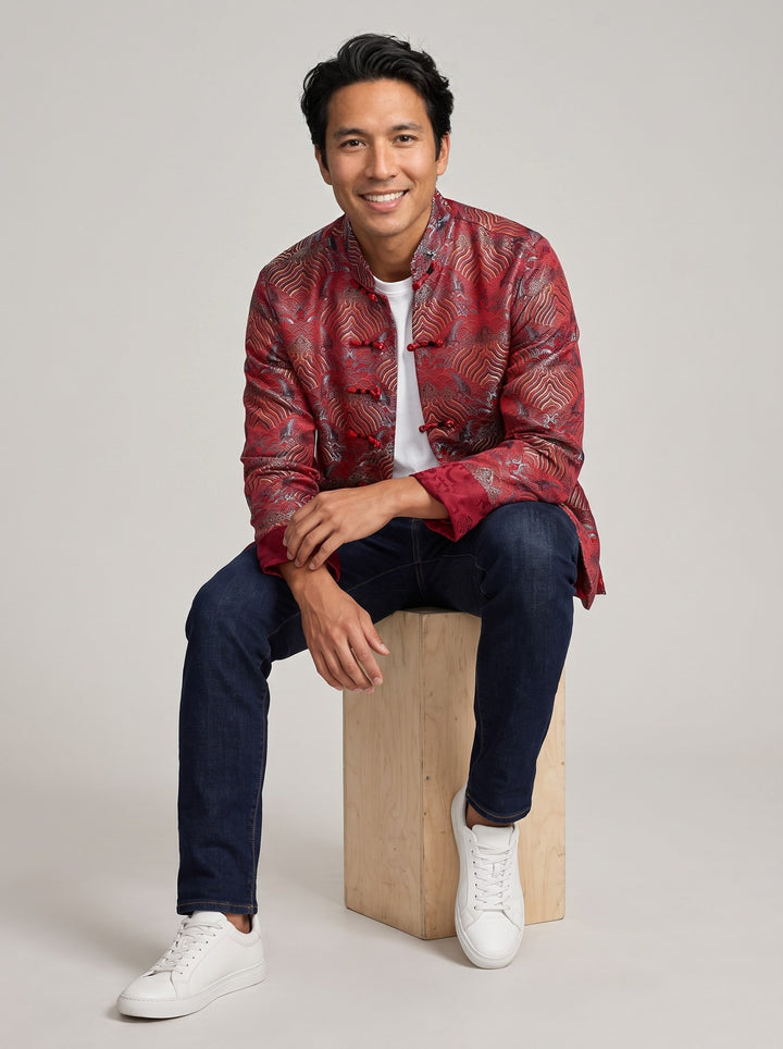 Sea Wave Brocade Tang Jacket 织锦缎海水纹唐装外套 – model photo