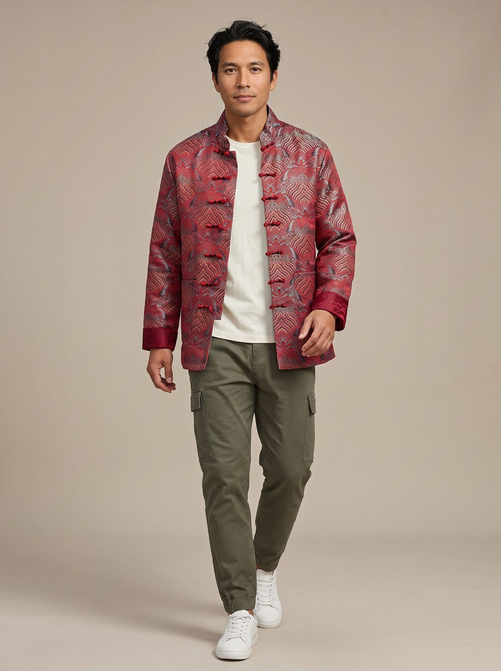 Sea Wave Brocade Tang Jacket 织锦缎海水纹唐装外套 – model photo