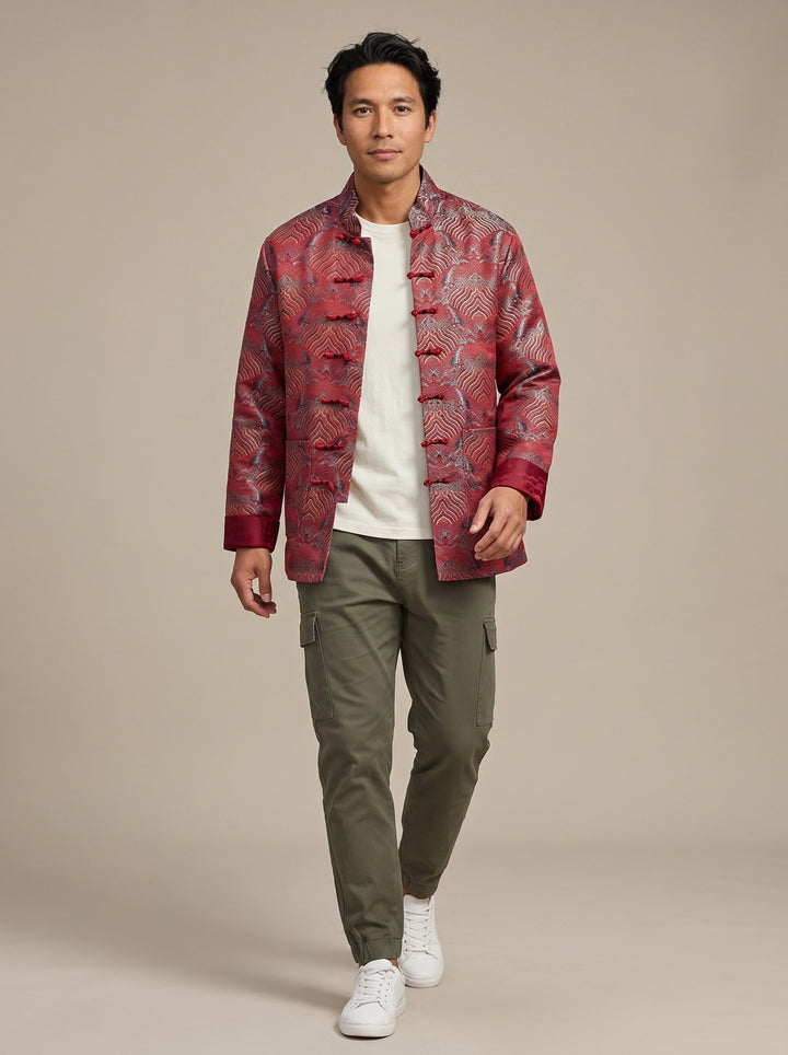 Sea Wave Brocade Tang Jacket 织锦缎海水纹唐装外套 – model photo