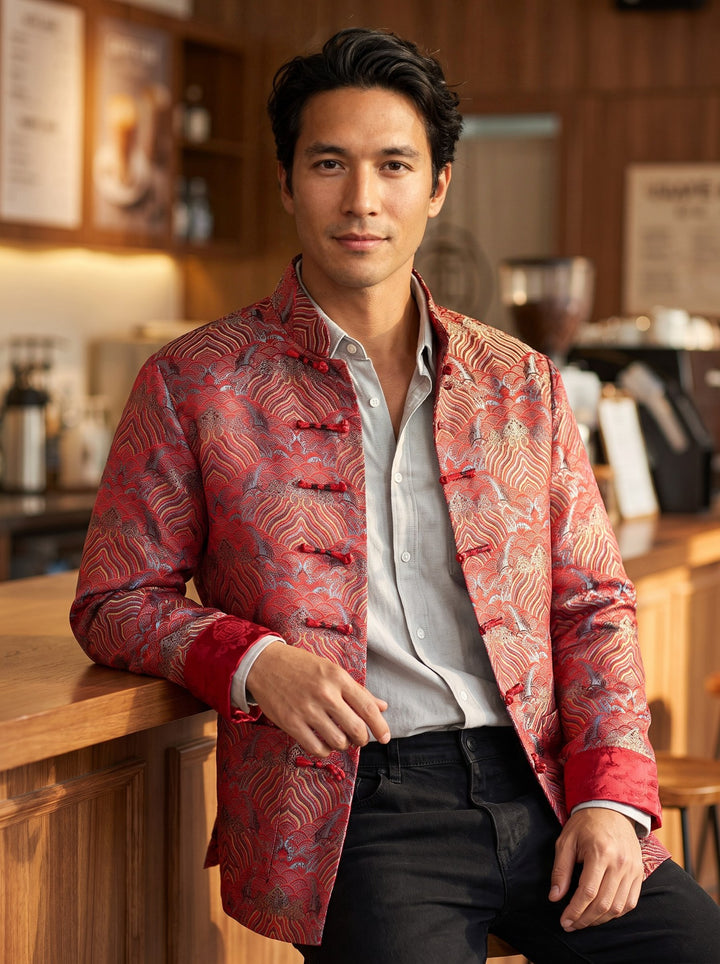 Sea Wave Brocade Tang Jacket 织锦缎海水纹唐装外套 – model photo