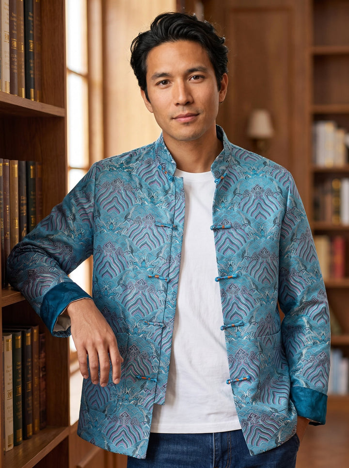 Sea Wave Brocade Tang Jacket 织锦缎海水纹唐装外套 – model photo