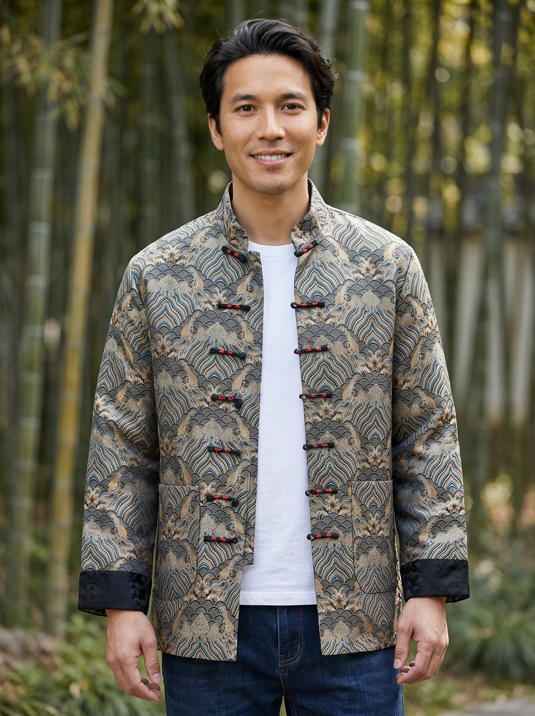 Sea Wave Brocade Tang Jacket 织锦缎海水纹唐装外套 – model photo