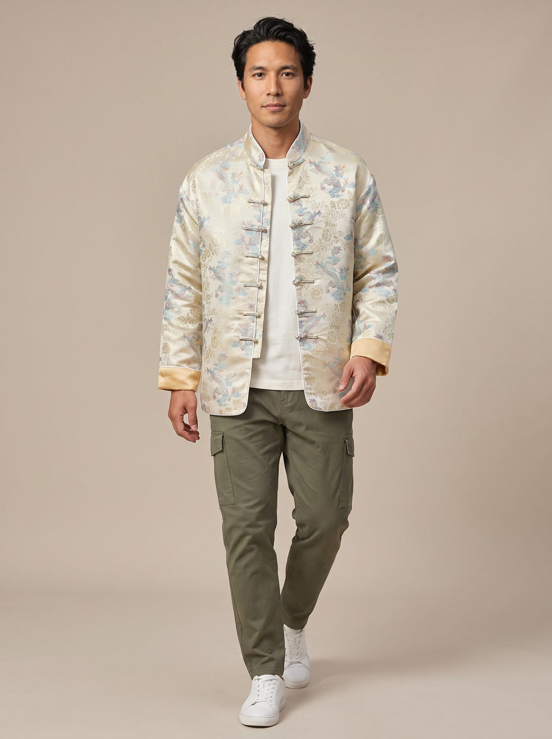 Five-Colour Dragon Jacquard Tang Jacket 五彩祥龙提花唐装外套 – model photo