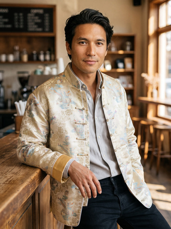 Five-Colour Dragon Jacquard Tang Jacket 五彩祥龙提花唐装外套 – model photo