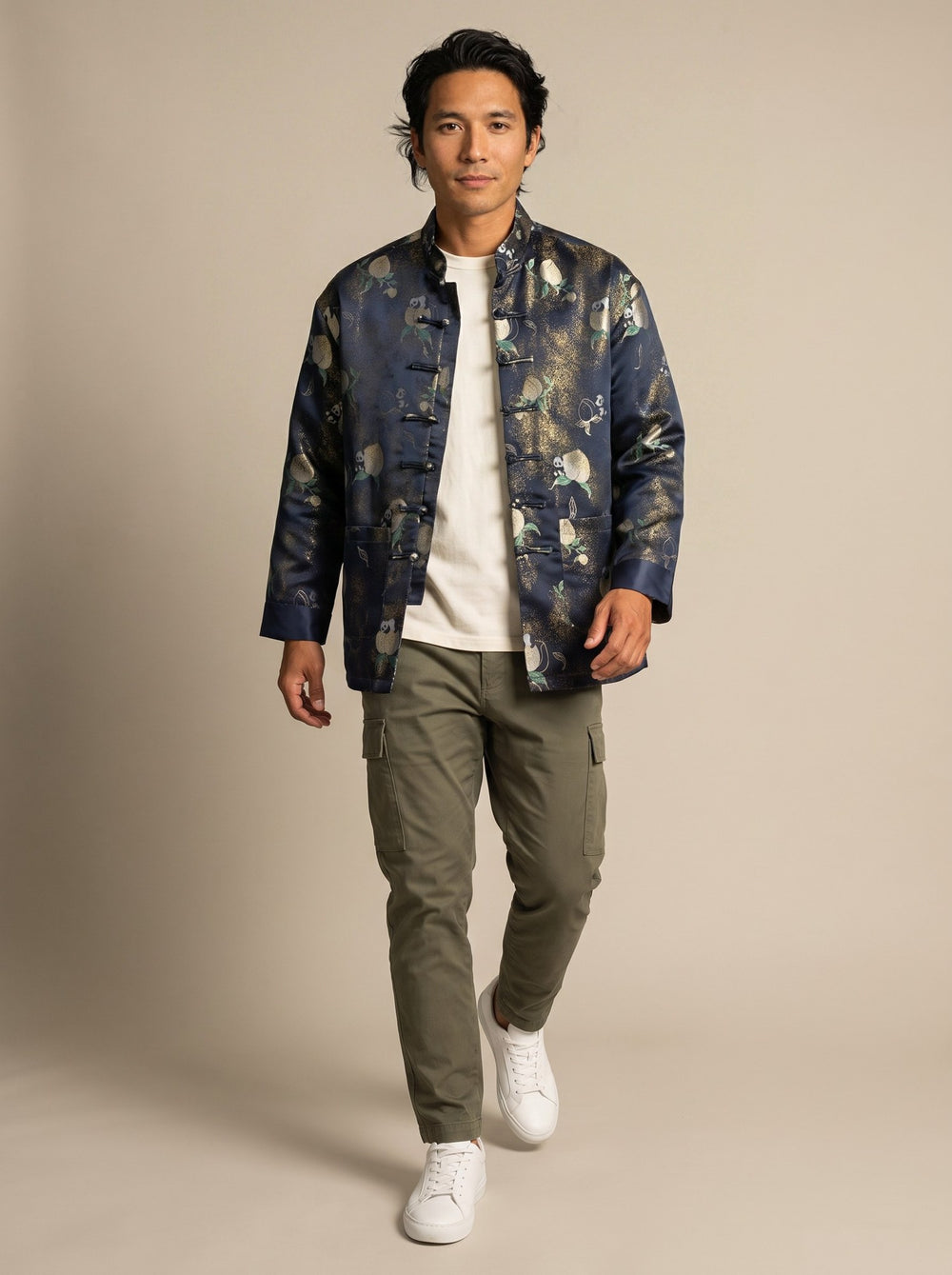 Navy Floral Tang Jacket 花卉印花唐装外套 – model photo