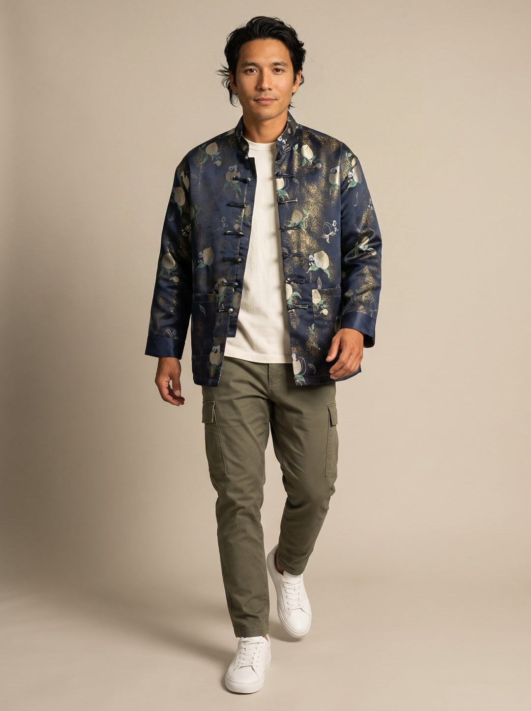 Navy Floral Tang Jacket 花卉印花唐装外套 – model photo