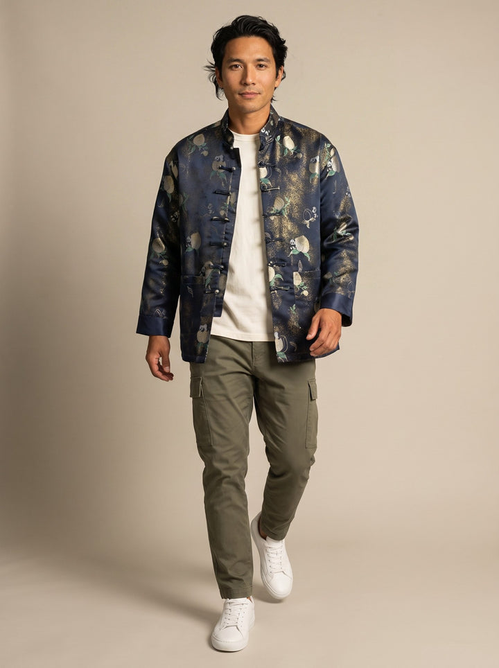 Navy Floral Tang Jacket 花卉印花唐装外套 – model photo