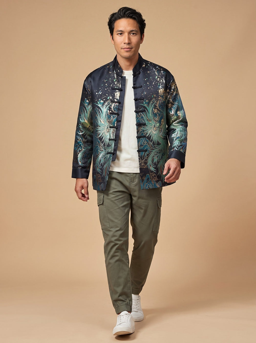 Azure Phoenix Padded Tang Jacket 青鸾印花棉服唐装 – model photo