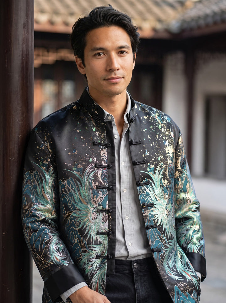 Azure Phoenix Padded Tang Jacket 青鸾印花棉服唐装 – model photo
