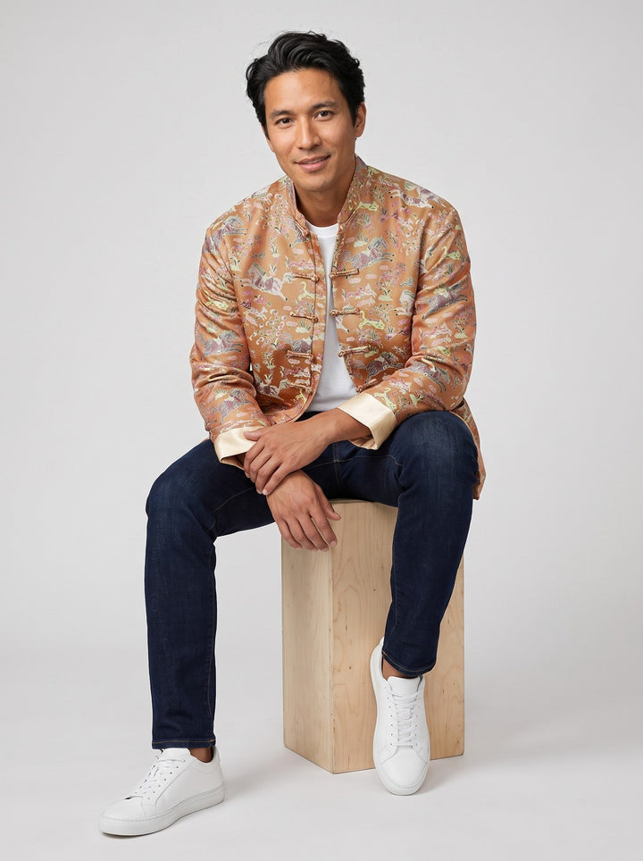 Golden Qilin Jacquard Tang Jacket 麒麟提花唐装外套（深黄） – model photo