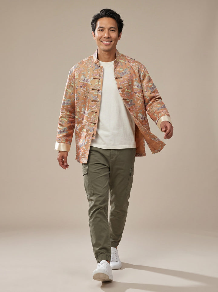 Golden Qilin Jacquard Tang Jacket 麒麟提花唐装外套（深黄） – model photo