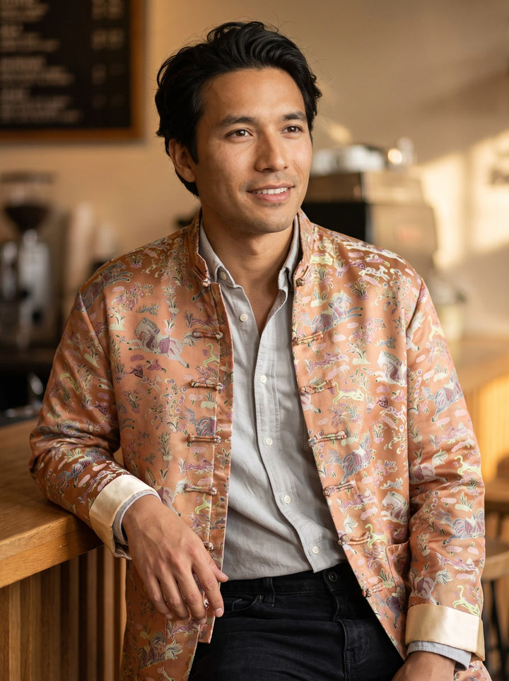 Golden Qilin Jacquard Tang Jacket 麒麟提花唐装外套（深黄） – model photo