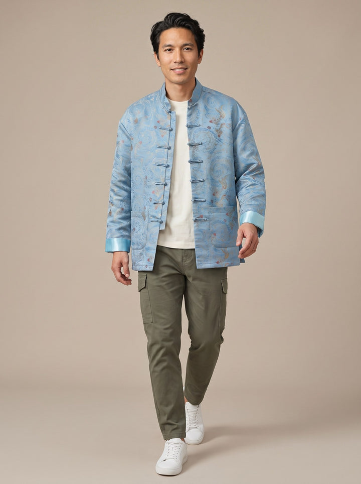 Sky Blue Floral Tang Jacket 蓝色印花唐装外套 – model photo