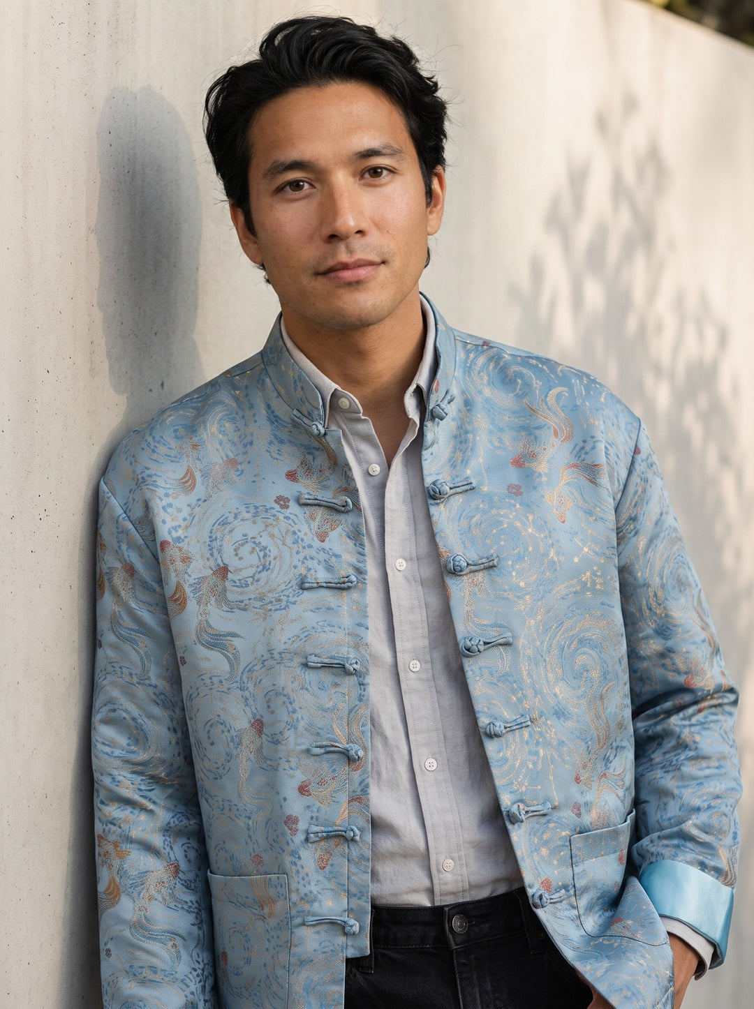 Sky Blue Floral Tang Jacket 蓝色印花唐装外套 – model photo