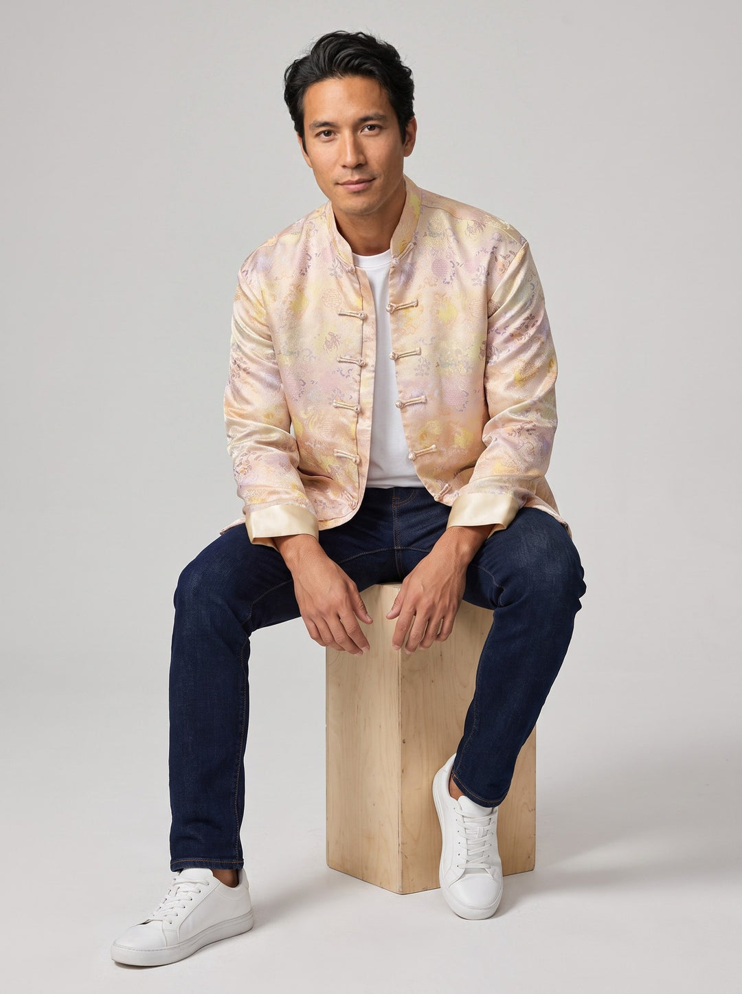Champagne Gold Tang Jacket 香槟金印花唐装外套 – model photo