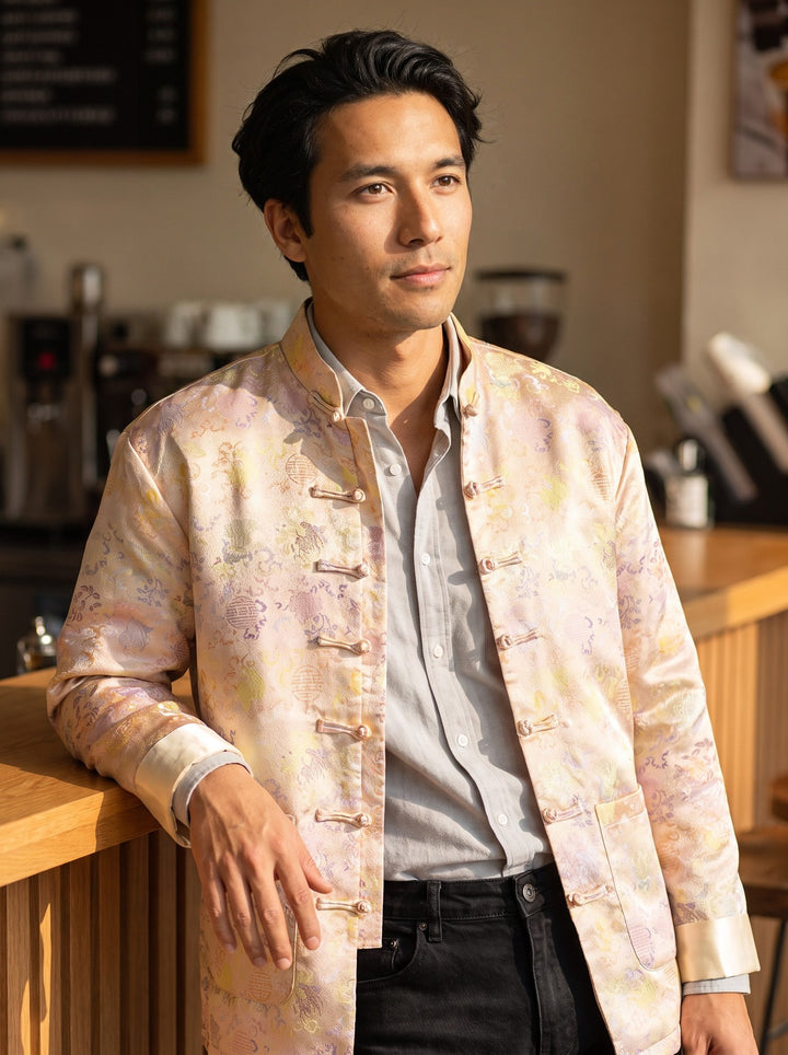 Champagne Gold Tang Jacket 香槟金印花唐装外套 – model photo
