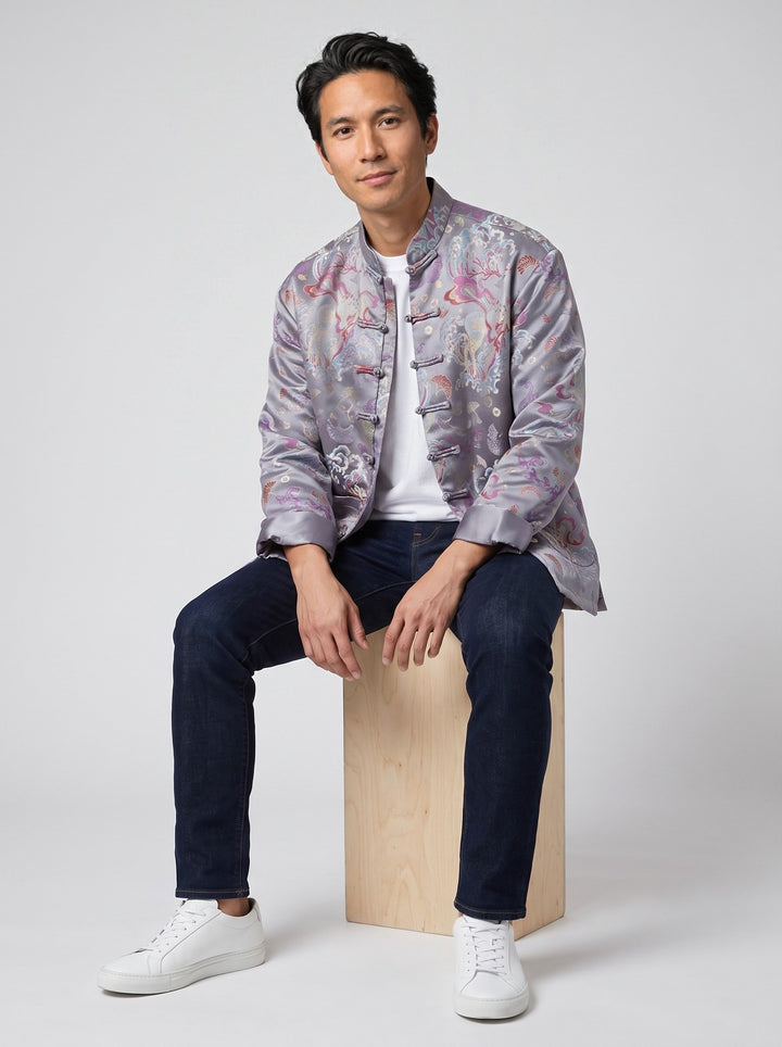 Lilac Grey Floral Tang Jacket 紫灰印花唐装外套 – model photo