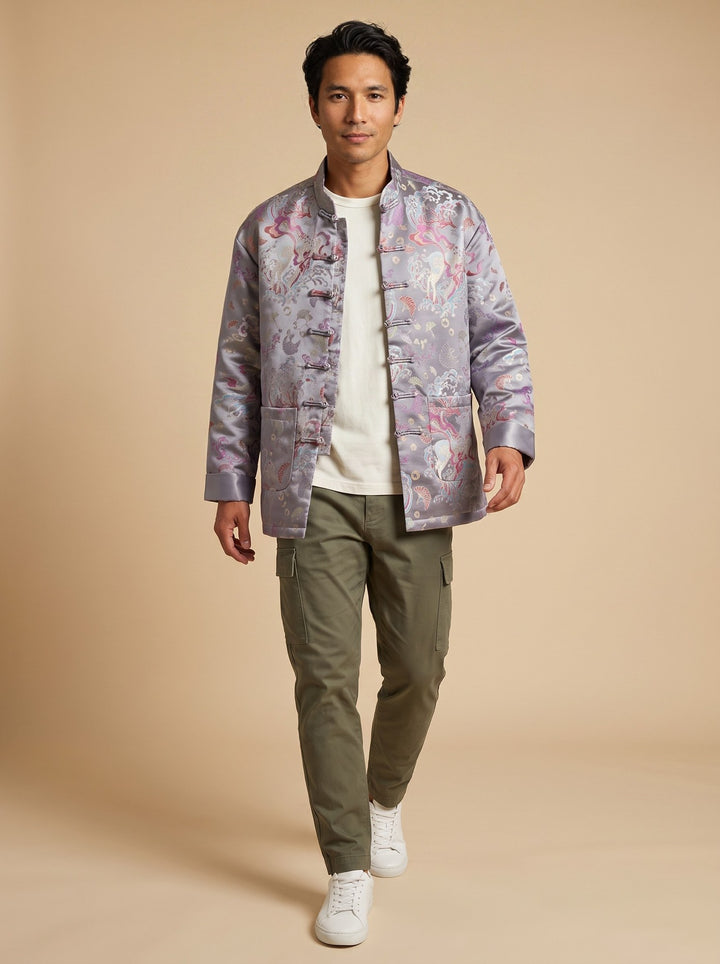 Lilac Grey Floral Tang Jacket 紫灰印花唐装外套 – model photo