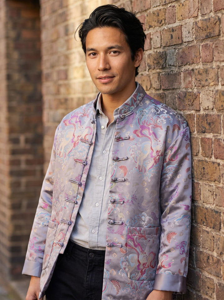 Lilac Grey Floral Tang Jacket 紫灰印花唐装外套 – model photo