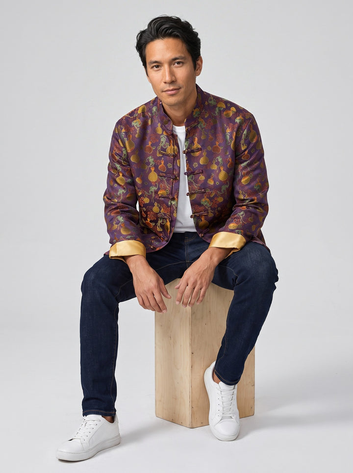 Purple Gourd Tang Jacket 紫色葫芦印花唐装外套 – model photo