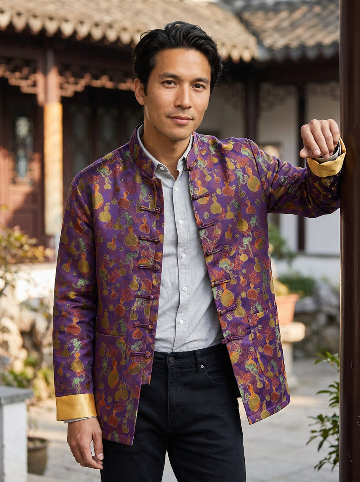 Purple Gourd Tang Jacket 紫色葫芦印花唐装外套 – model photo