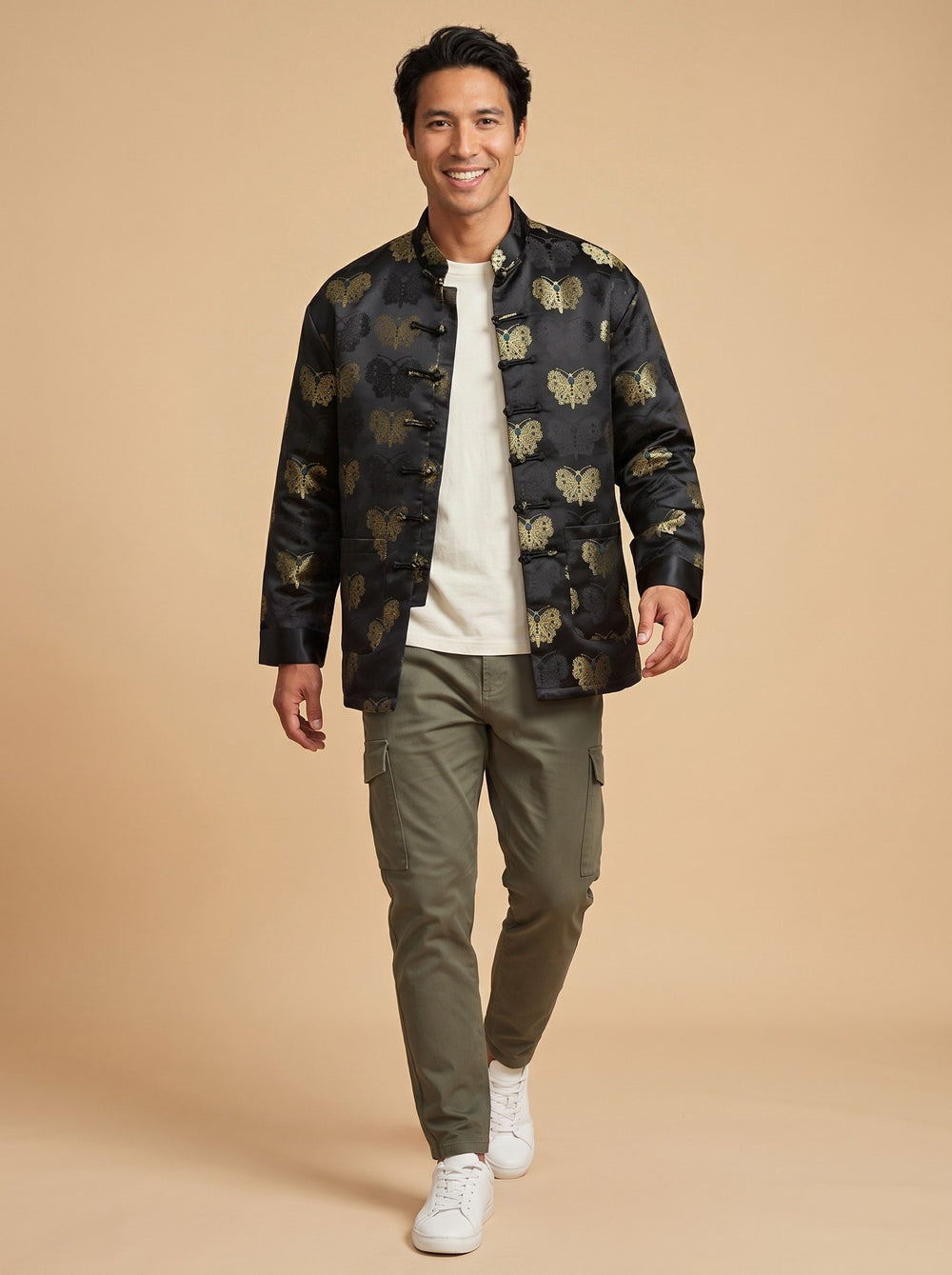 Black & Gold Butterfly Tang Jacket 黑金蝴蝶唐装外套 – model photo