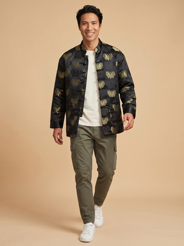 Black & Gold Butterfly Tang Jacket 黑金蝴蝶唐装外套 – model photo