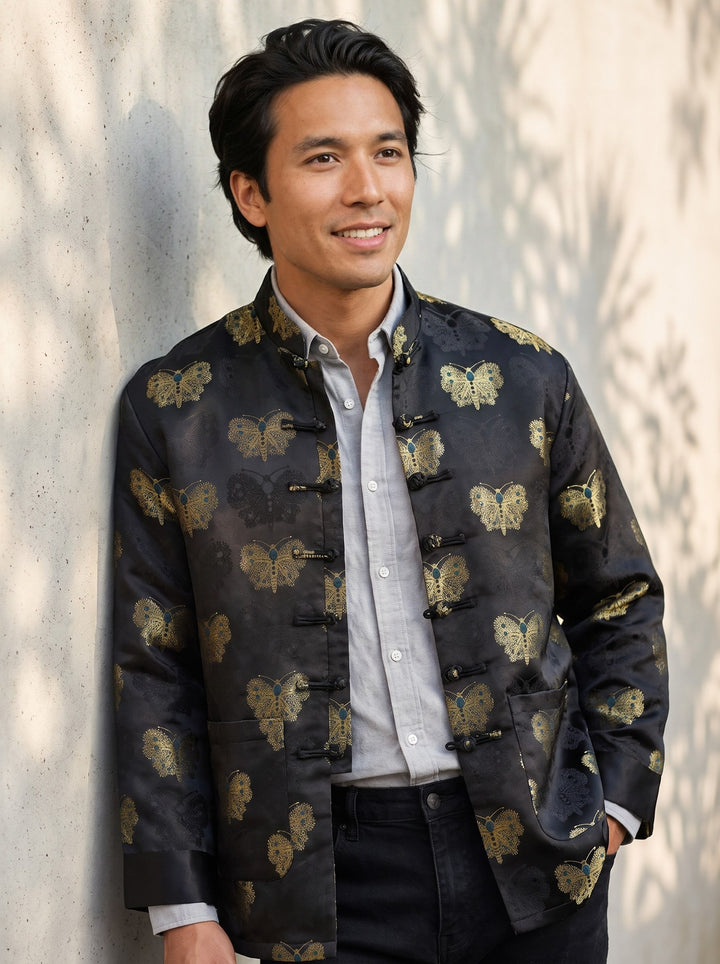 Black & Gold Butterfly Tang Jacket 黑金蝴蝶唐装外套 – model photo