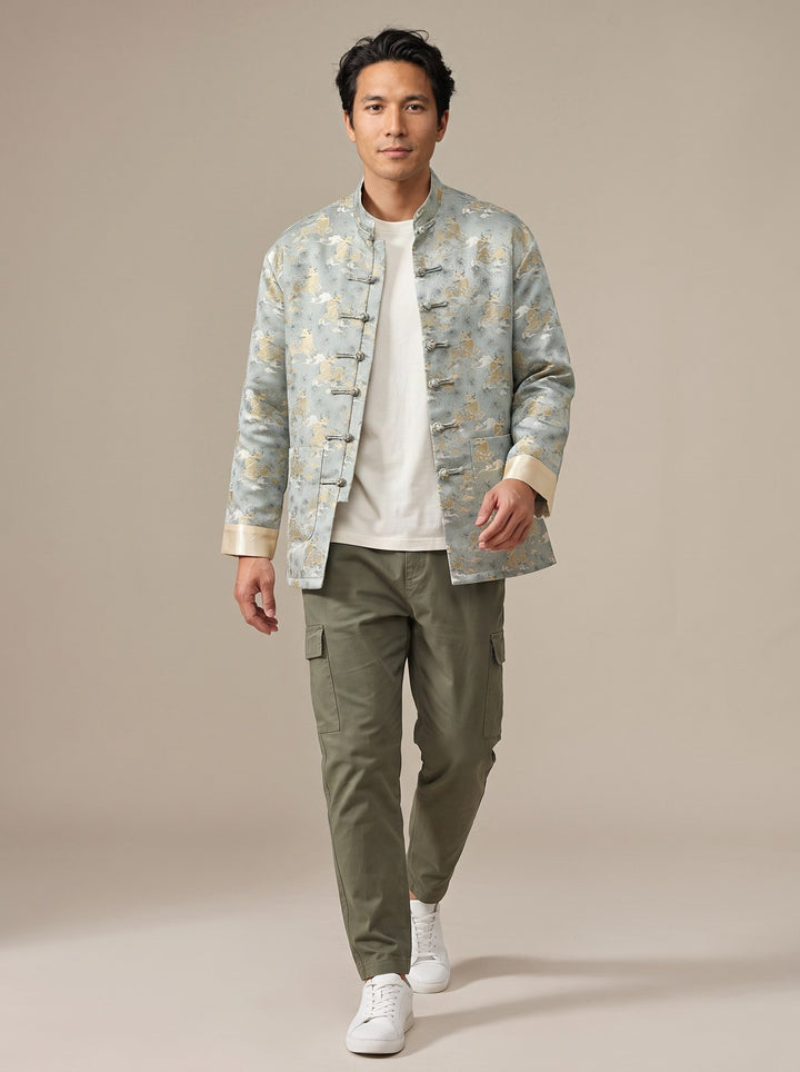 Golden Ox Tang Jacket 金牛印花唐装外套 – model photo