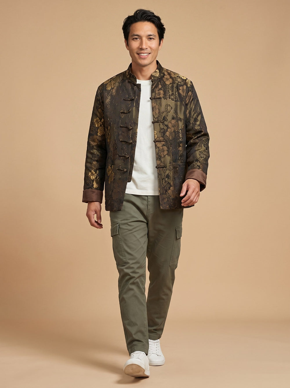 Golden Jacquard Tang Jacket 金色提花唐装外套 – model photo