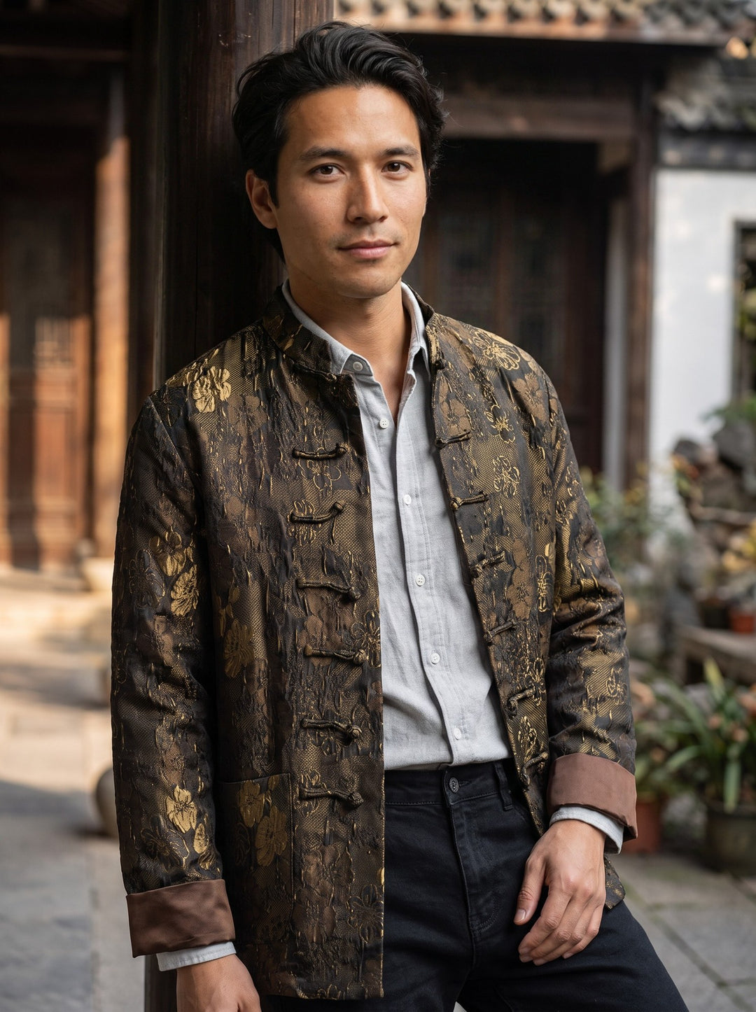 Golden Jacquard Tang Jacket 金色提花唐装外套 – model photo