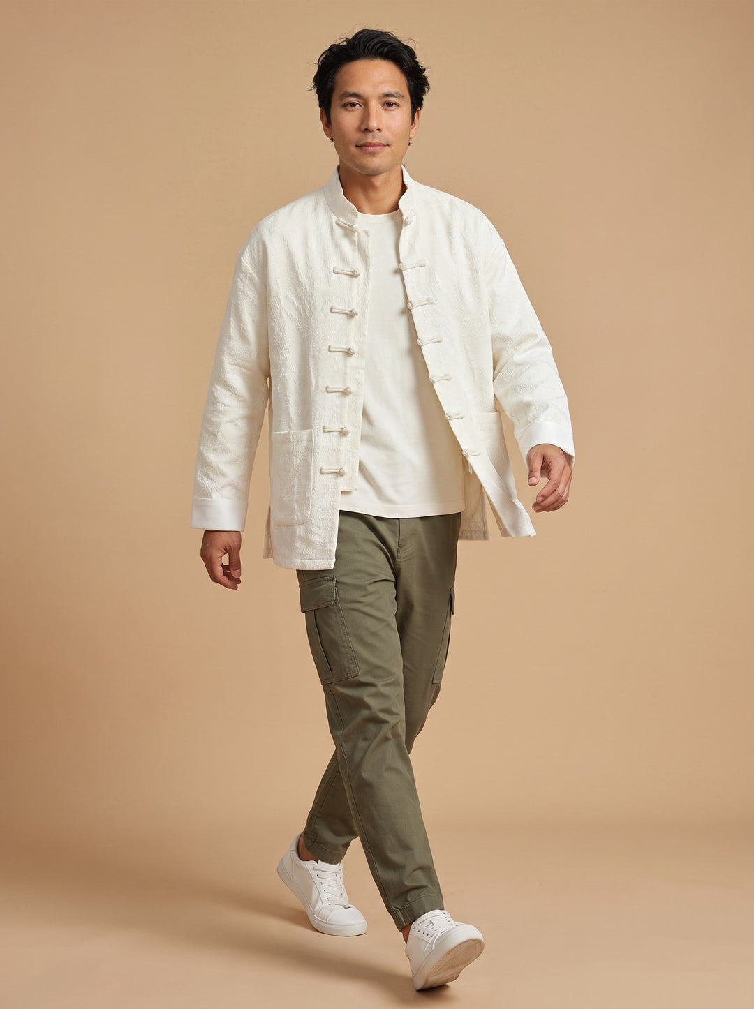 Ivory Jacquard Tang Jacket 白色提花唐装外套 – model photo