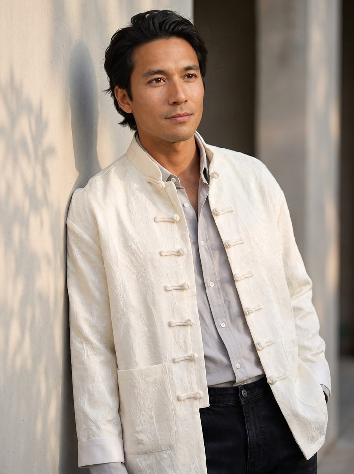 Ivory Jacquard Tang Jacket 白色提花唐装外套 – model photo