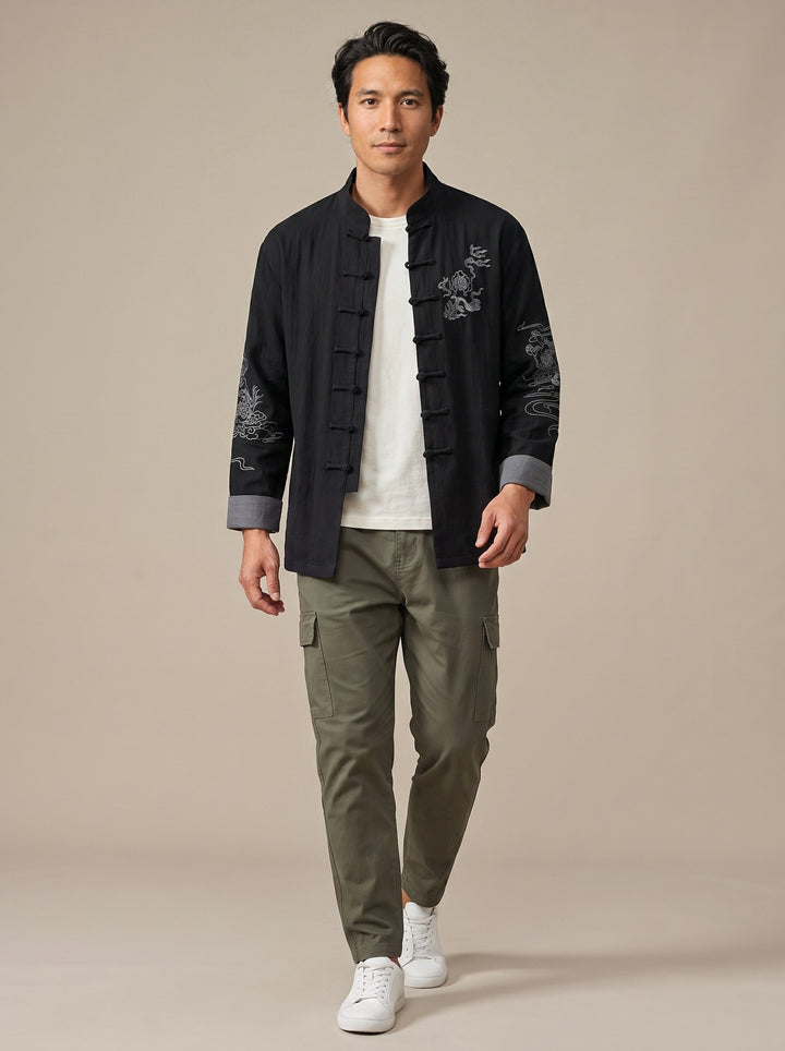 Embroidered Cotton-Linen Tang Jacket 棉麻刺绣唐装外套 – model photo