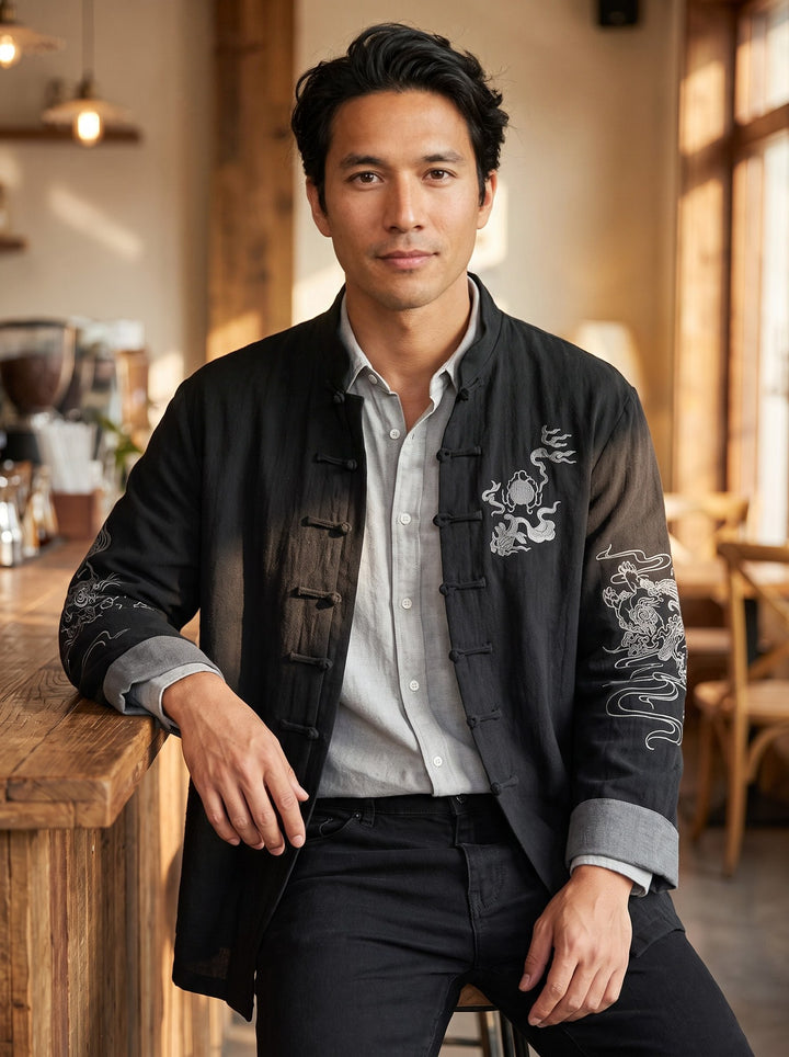 Embroidered Cotton-Linen Tang Jacket 棉麻刺绣唐装外套 – model photo
