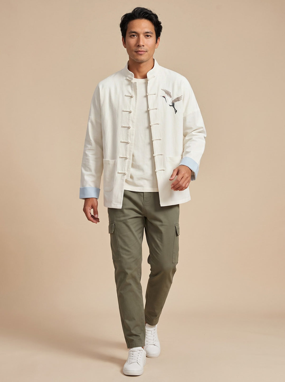 Crane Embroidered Cotton-Linen Tang Jacket 仙鹤刺绣棉麻唐装 – model photo