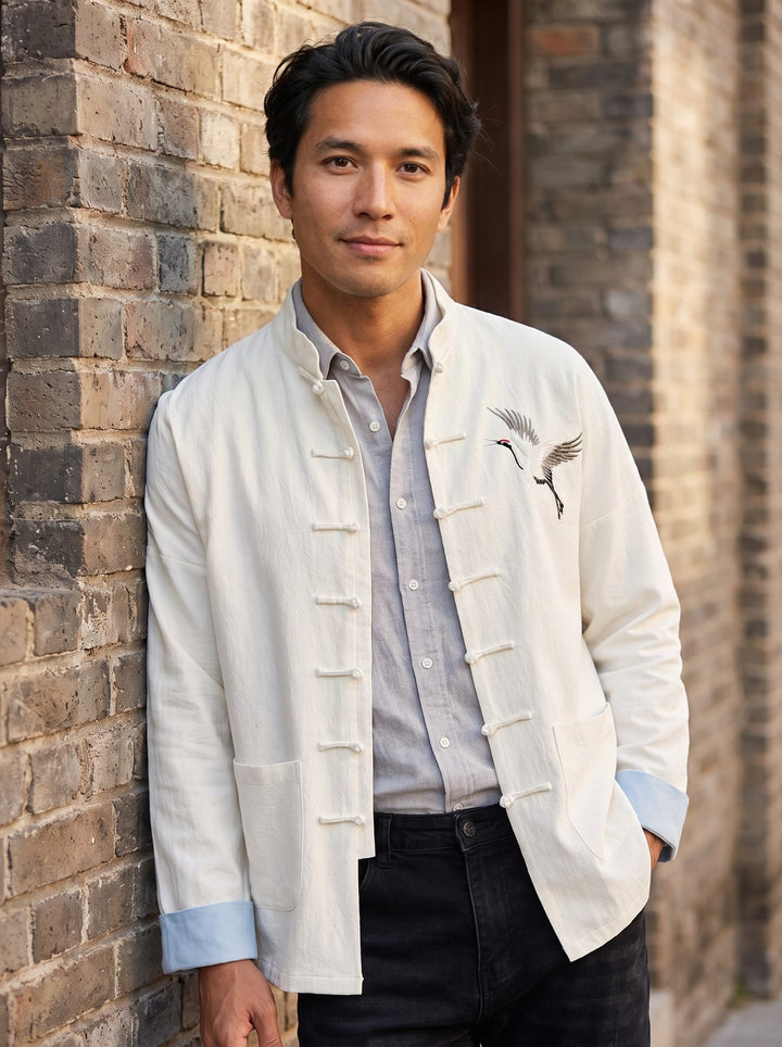 Crane Embroidered Cotton-Linen Tang Jacket 仙鹤刺绣棉麻唐装 – model photo