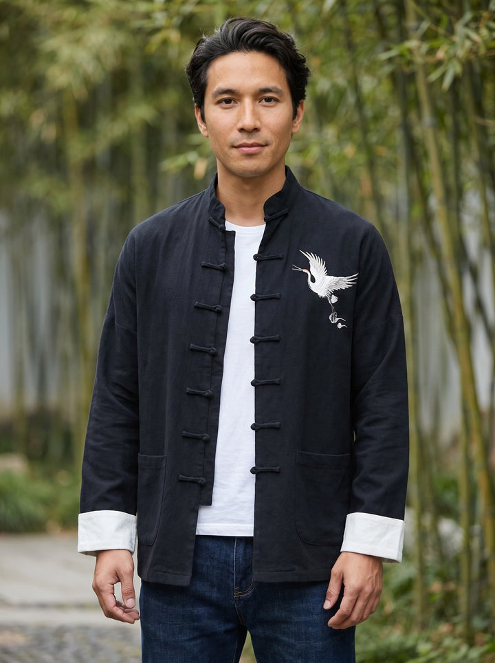 Crane Embroidered Cotton-Linen Tang Jacket 仙鹤刺绣棉麻唐装 – model photo