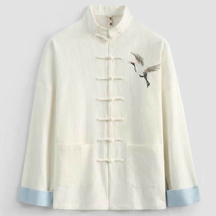 Crane Embroidered Cotton-Linen Tang Jacket 仙鹤刺绣棉麻唐装 – product photo
