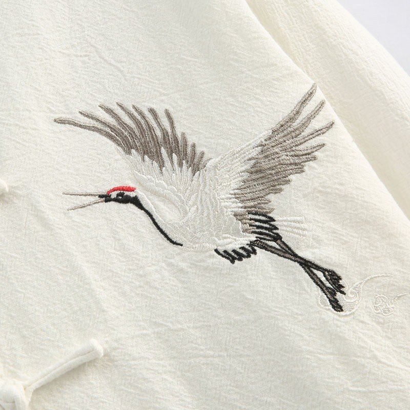 Crane Embroidered Cotton-Linen Tang Jacket 仙鹤刺绣棉麻唐装 – product photo