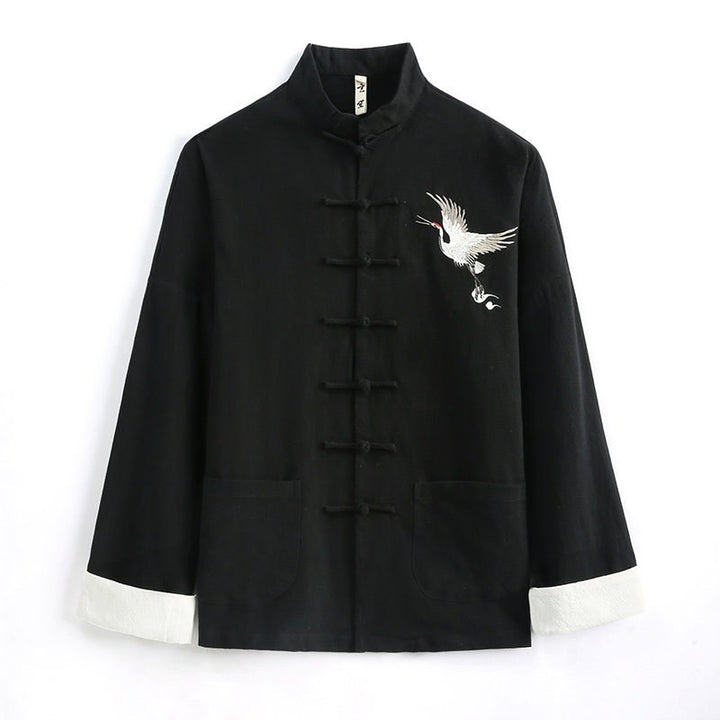 Crane Embroidered Cotton-Linen Tang Jacket 仙鹤刺绣棉麻唐装 – product photo