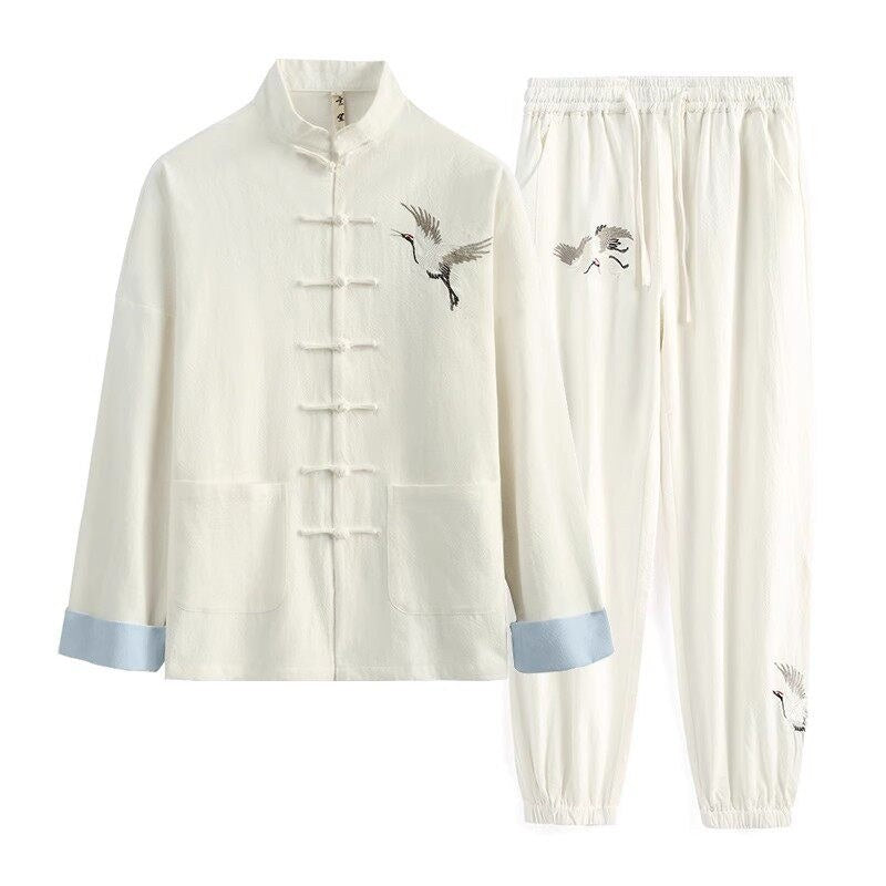 Crane Embroidered Cotton-Linen Tang Jacket 仙鹤刺绣棉麻唐装 – product photo