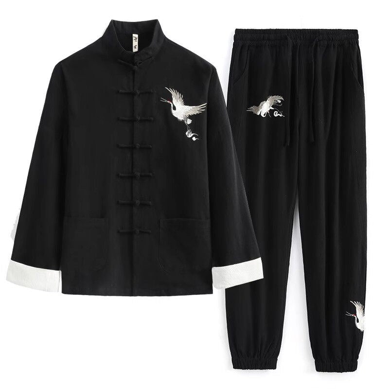 Crane Embroidered Cotton-Linen Tang Jacket 仙鹤刺绣棉麻唐装 – product photo