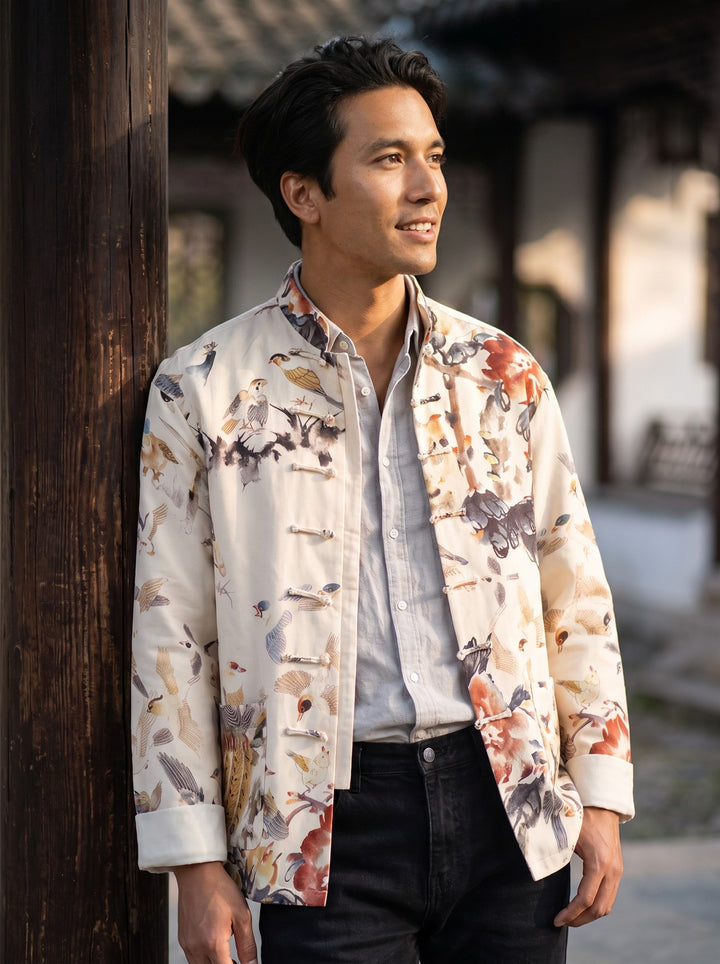 Hundred Birds Tang Jacket 百鸟印花唐装外套 – model photo