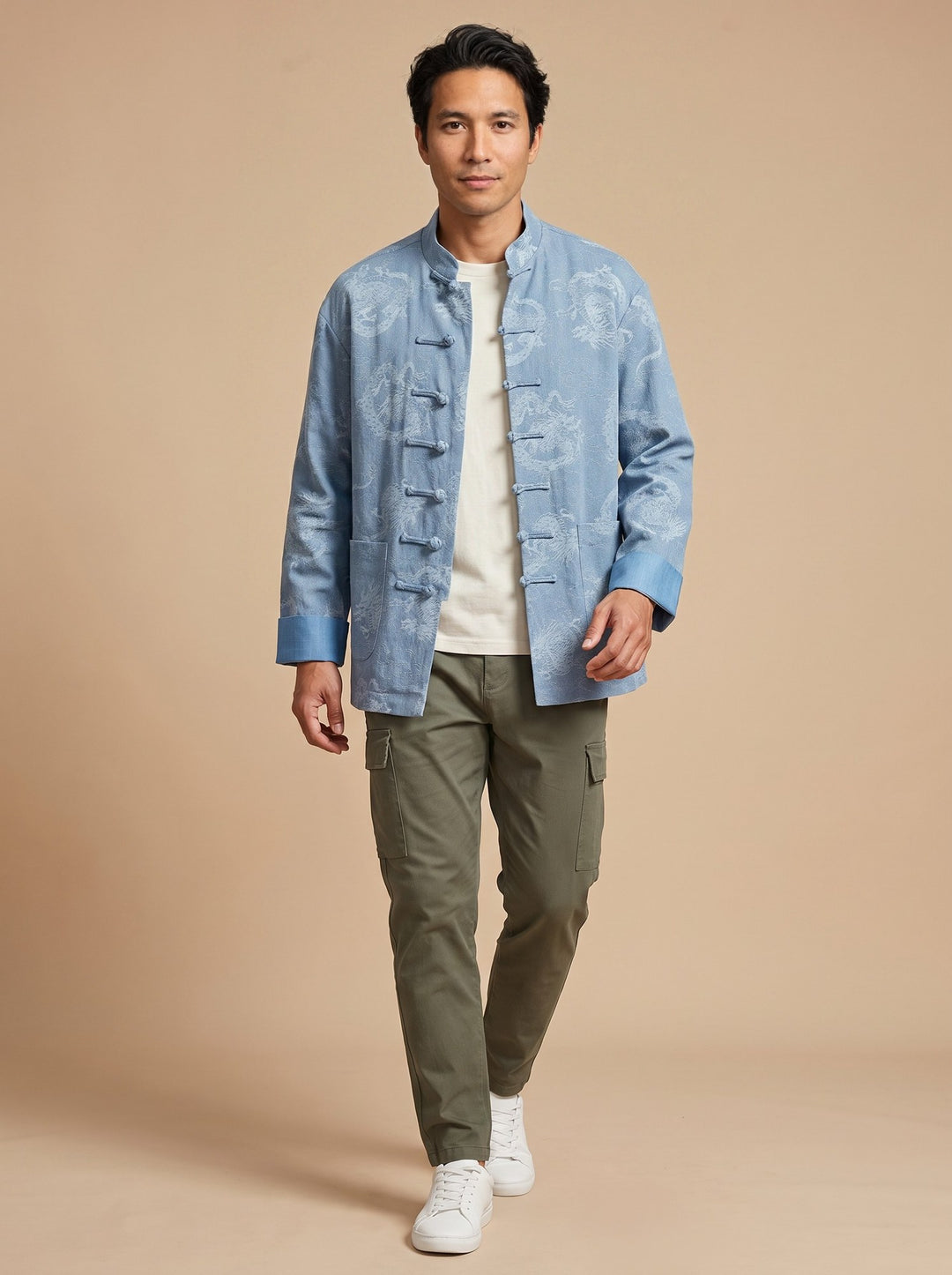 Dragon Jacquard Denim Tang Jacket 龙纹提花纯棉牛仔唐装 – model photo