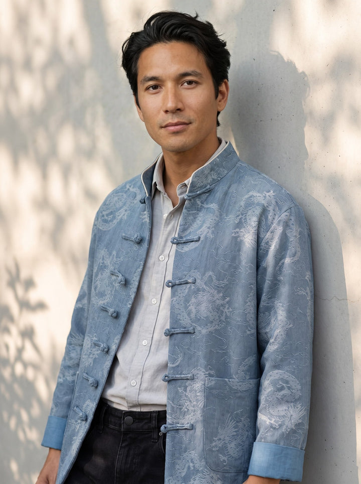 Dragon Jacquard Denim Tang Jacket 龙纹提花纯棉牛仔唐装 – model photo