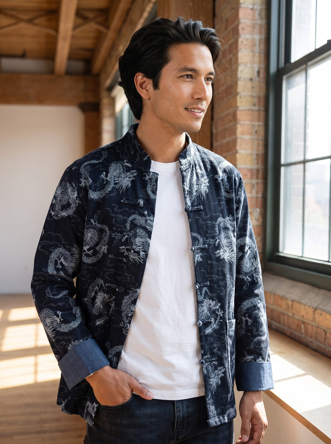 Dragon Jacquard Denim Tang Jacket 龙纹提花纯棉牛仔唐装 – model photo